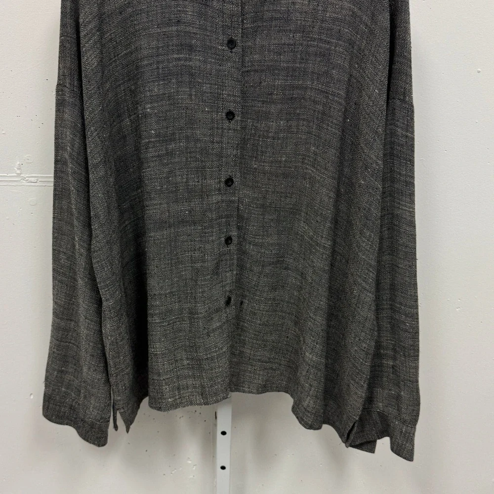 Eileen Fisher Italian Fabric Linen Blend Button Down Shirt Grey Lg Lagenlook